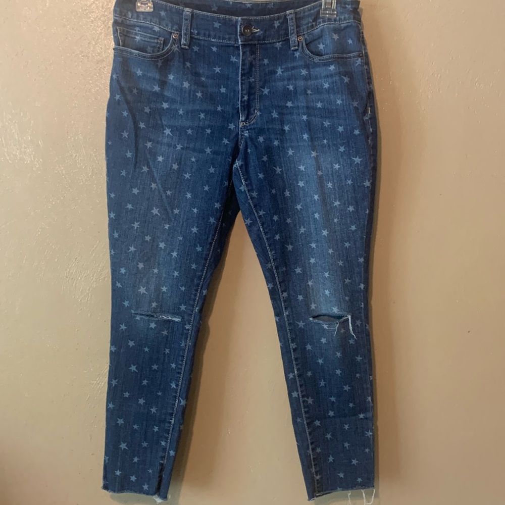 #32 Time Tru 14 star spangled denim Capris ankle cropped ripped raw hem jeans